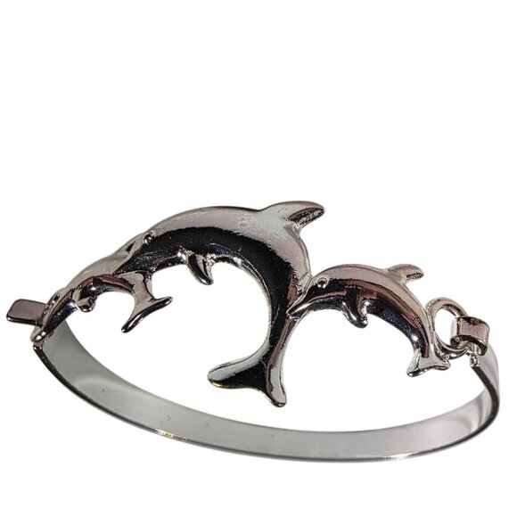 Silver tone Dolphin Bangle Bracelet nature nautical beachcore ocean marine - Picture 1 of 5